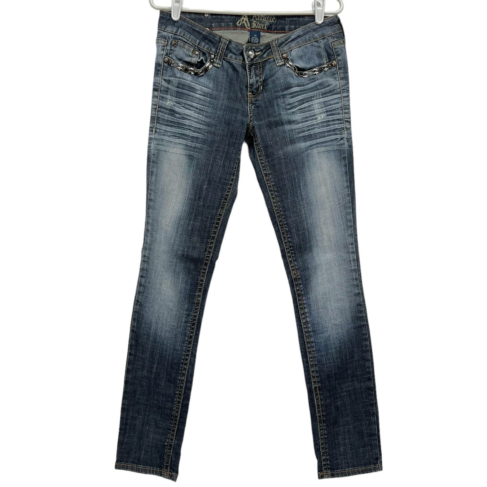 Antique River Women Studded Low Rise Mid Wash Blue Skinny Jeans Size 28 (30x32)